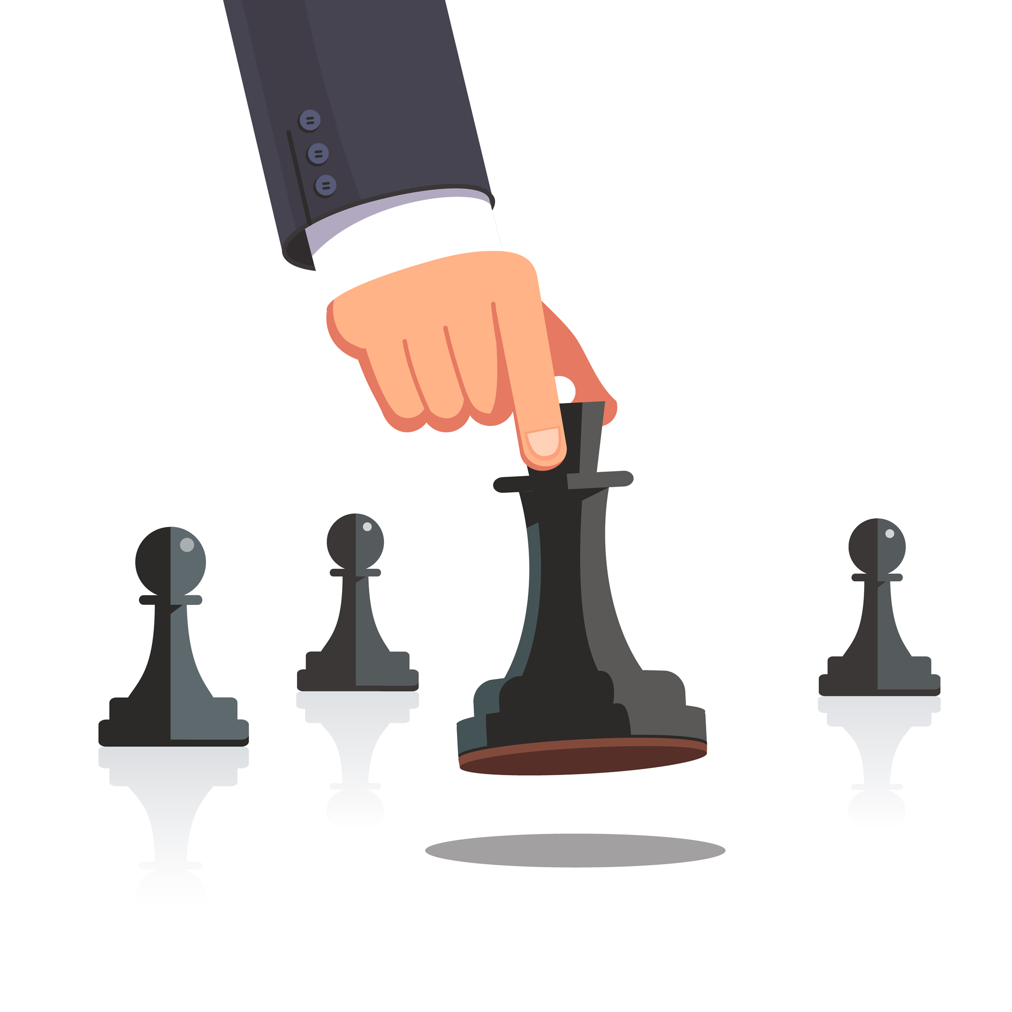 Business man hand making a strategic chess move Business man hand making a strategic chess move with white queen piece with support of her pawns. Modern flat style concept vector illustration isolated on white background.